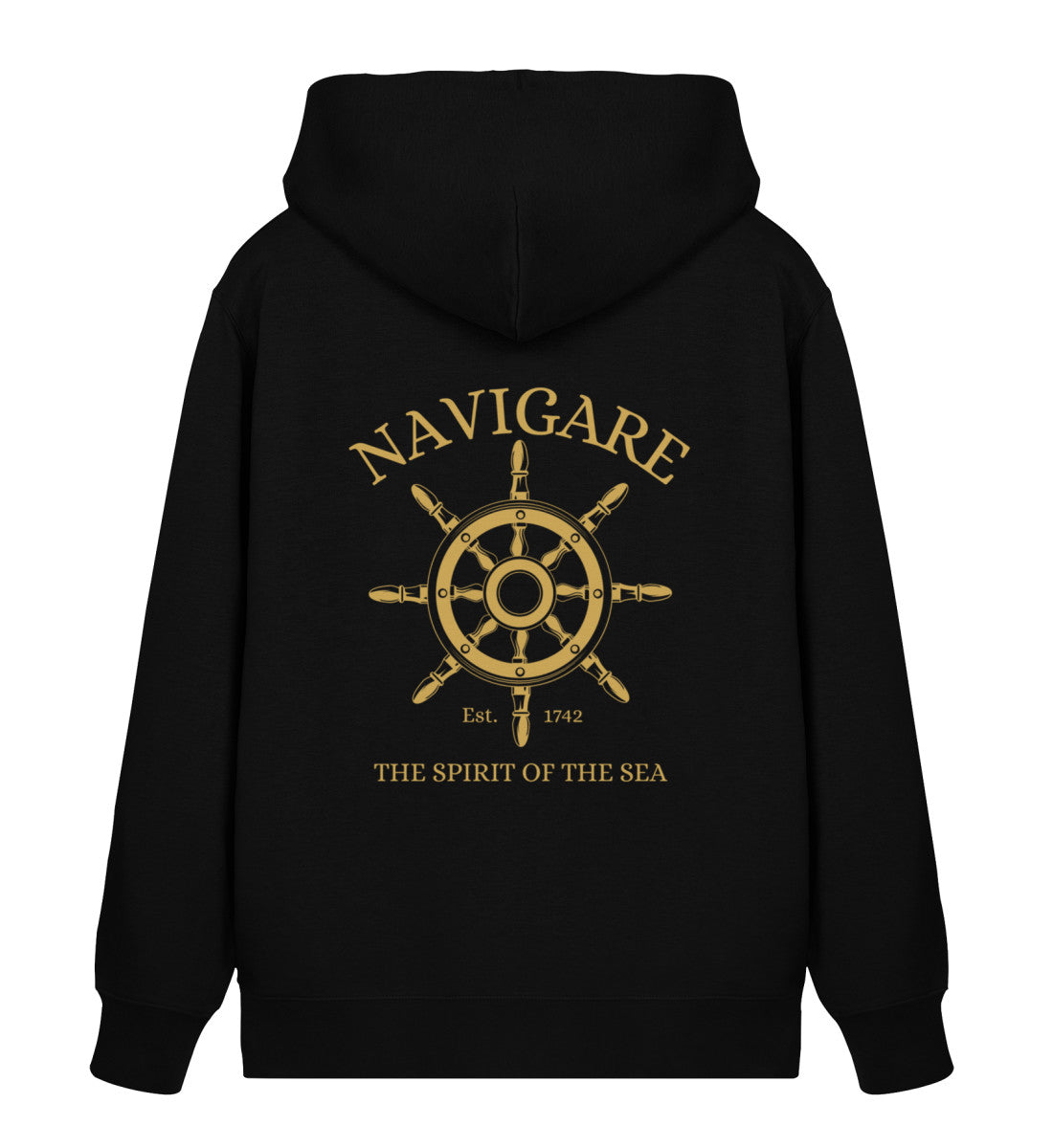 Maritim Unisex Organic Zipper Hoodie aus Bio-Baumwolle mit maritimen goldenen Steuerrad Motiv in Schwarz (Black-16) von www.digiuliano.com