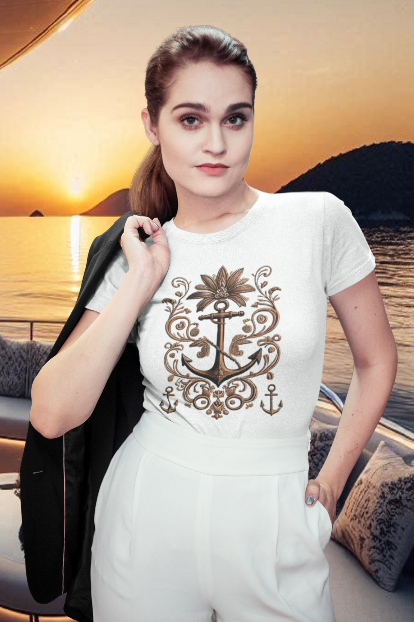 Hochwertiges Damen-Bio-T-Shirt aus 100 % Baumwolle mit maritimem Anker-Design und Ornamenten. Nachhaltige Mode im stilvollen Vintage-Look – perfekt für Alltag & Küstenurlaub in Farbe Weiss (White-3) von www.digiuliano.com