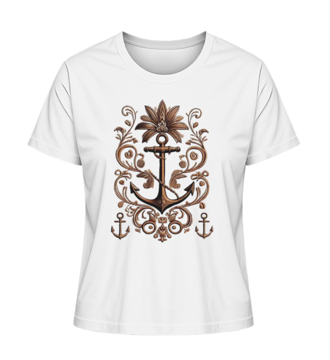 Hochwertiges Damen-Bio-T-Shirt aus 100 % Baumwolle mit maritimem Anker-Design und Ornamenten. Nachhaltige Mode im stilvollen Vintage-Look – perfekt für Alltag & Küstenurlaub in Farbe Weiss (White-3) von www.digiuliano.com