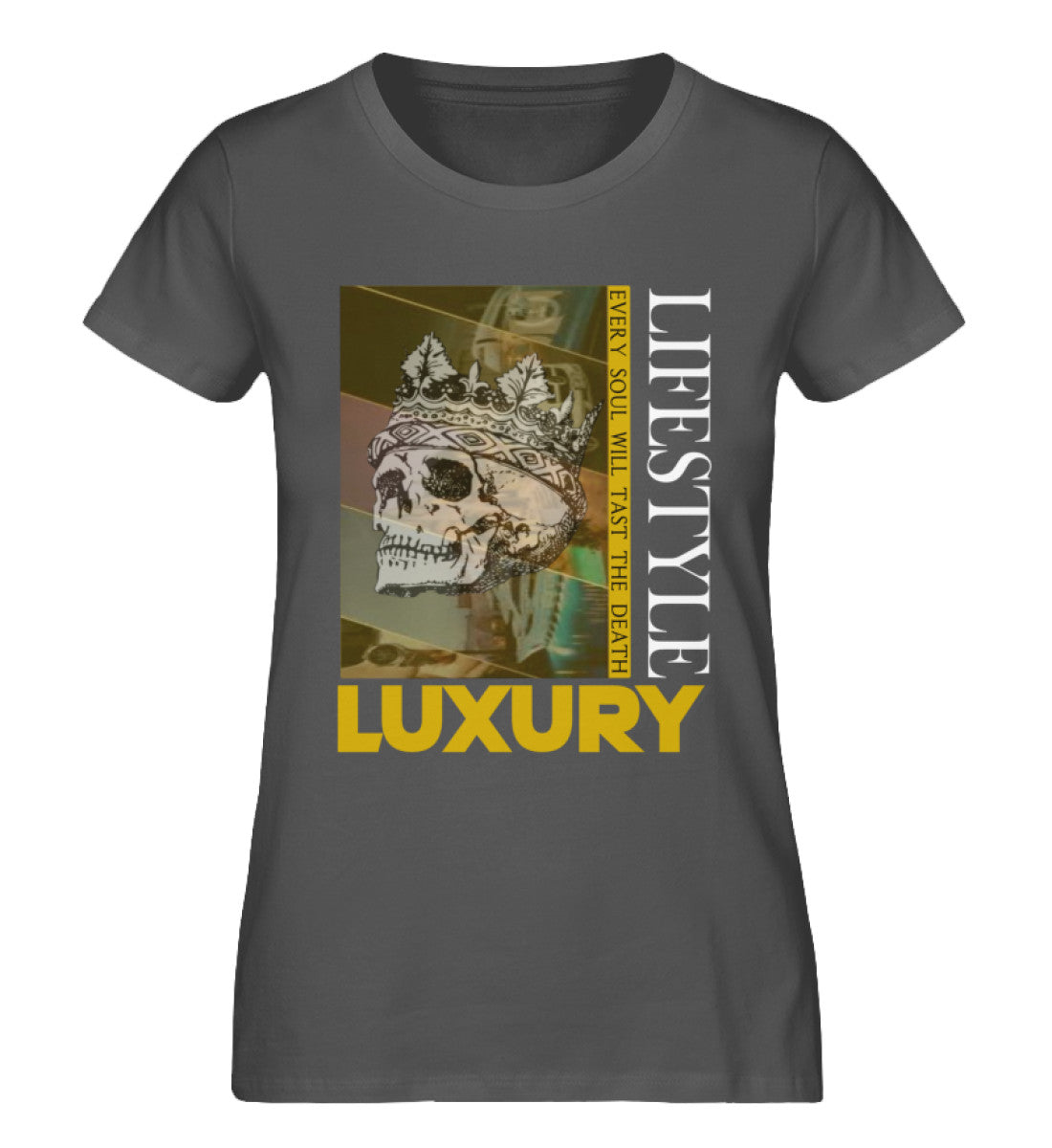 Jet Set Premium Organic Damen-T-Shirt aus 100% Bio-Baumwolle mit LUXURY-LIFESTYLE-Design – Luxus und Nachhaltigkeit in Dunkelgrau (Anthracite-6896) von www.digiuliano.com