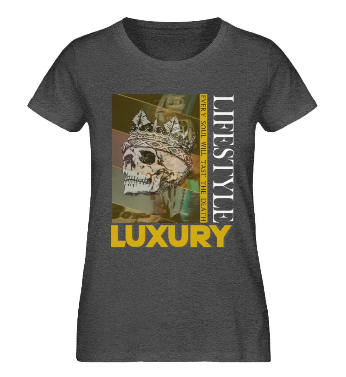 Jet Set Premium Organic Damen-T-Shirt aus 100% Bio-Baumwolle mit LUXURY-LIFESTYLE-Design – Luxus und Nachhaltigkeit in Dark Heather Grey-6898 von www.digiuliano.com