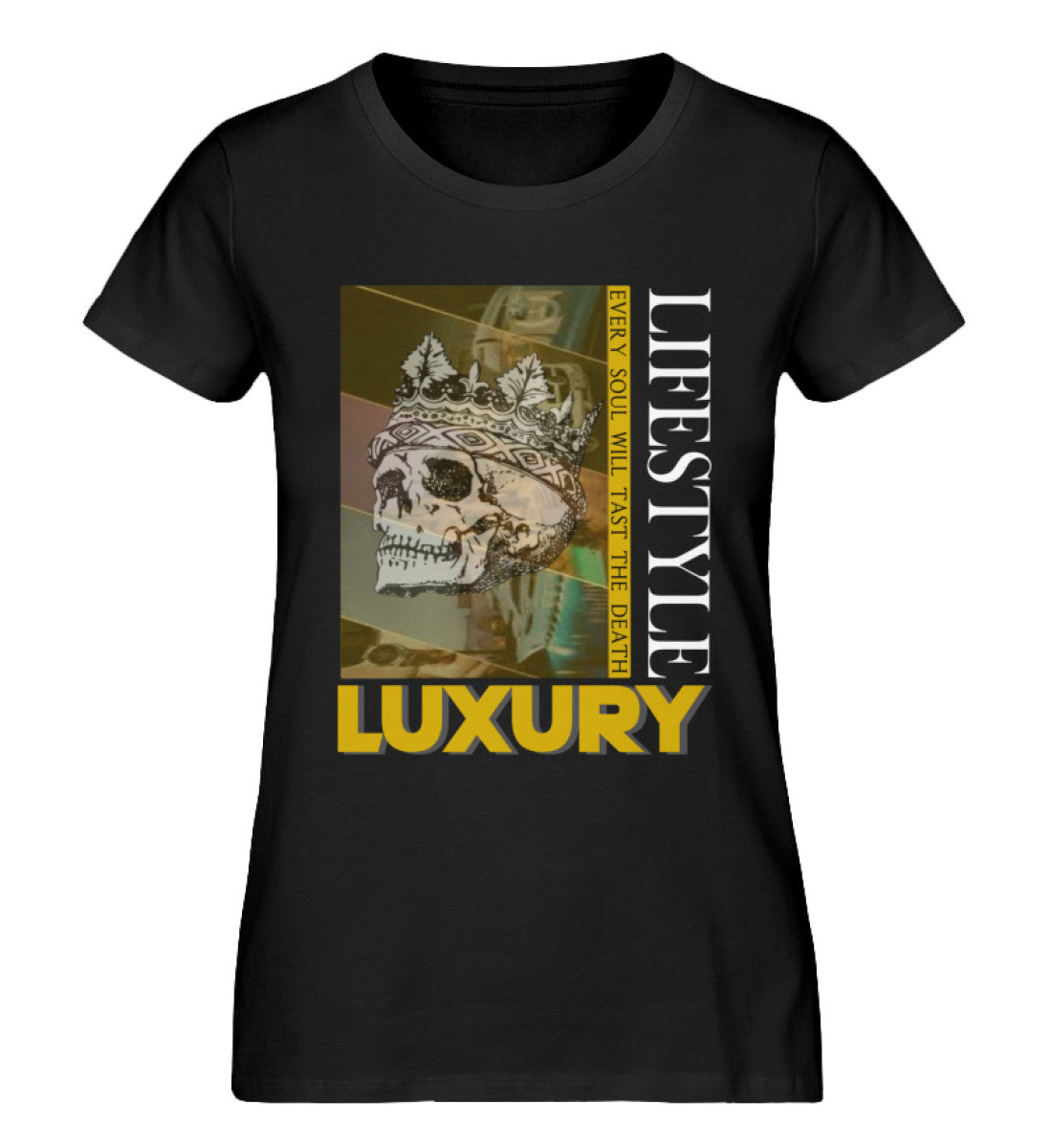 Jet Set Premium Organic Damen-T-Shirt aus 100% Bio-Baumwolle mit LUXURY-LIFESTYLE-Design – Luxus und Nachhaltigkeit in Black-16 von www.digiuliano.comAufdruck