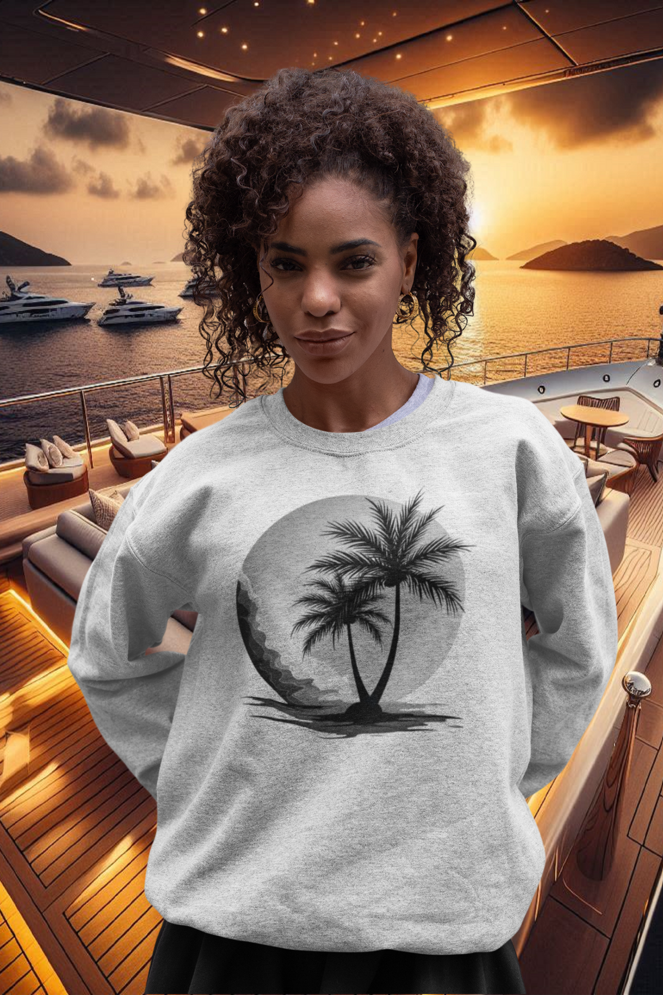 Luxus Maritim Sweatshirt Damen – Nachhaltig, fair produziert, elegantes Design in White-3 mit Palmen Aufdruck von www.digiuliano.com