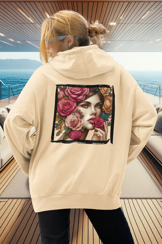 Maritim Unisex Organic Zipper Hoodie aus Bio-Baumwolle mit floralen Rosenmotiven in Rot und Gold. Nachhaltige Mode für Damen und Herren in Natur (Natural Raw-7131) von www.digiuliano.com
