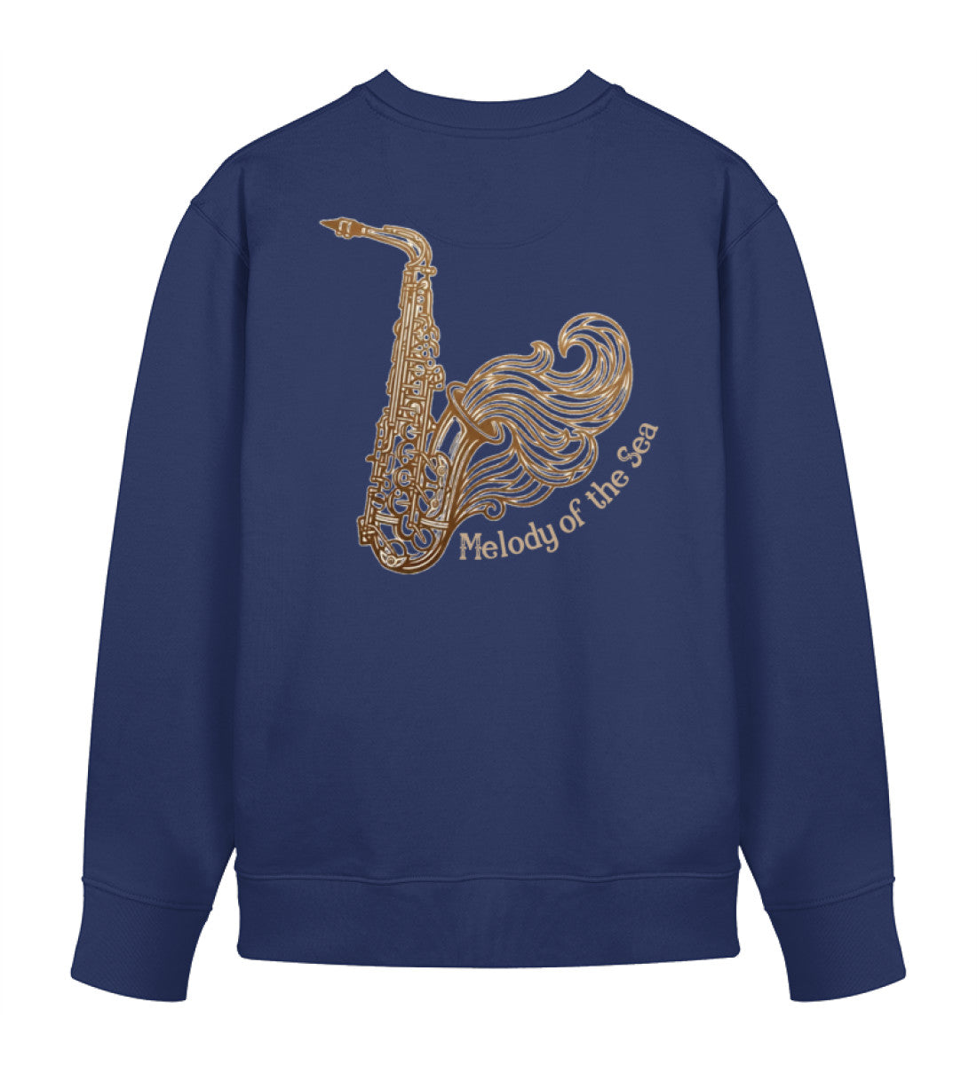 Dunkelblauer Unisex Organic Sweater, Rückansicht, mit Saxophon und Wellen-Design Melody of the Sea von Di Giuliano (French Navy-6057)