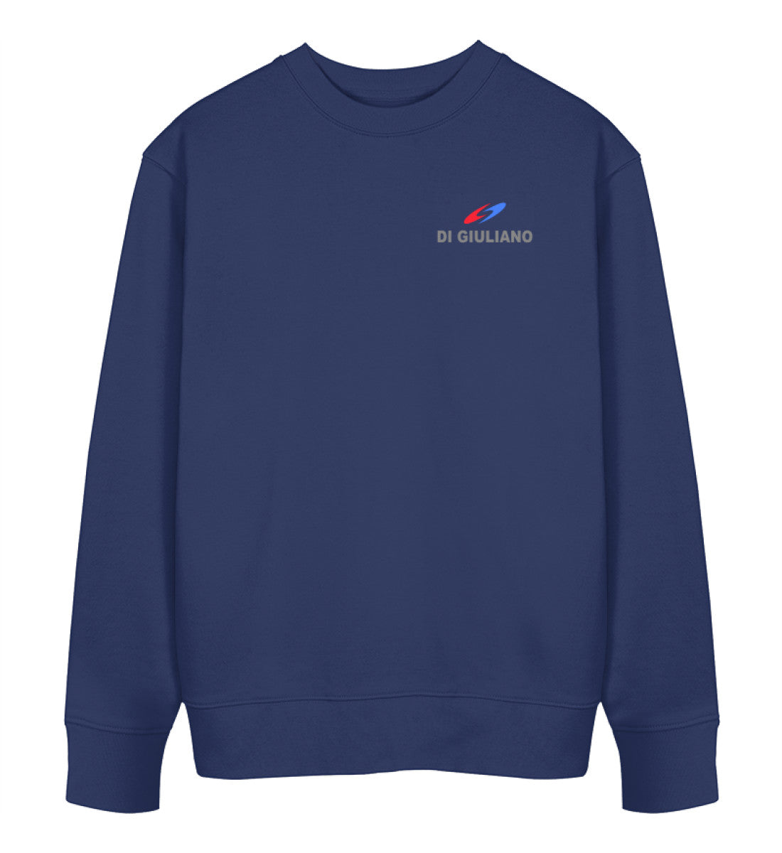 Dunkelblauer Unisex Organic Sweater, Vorderansicht, mit Saxophon und Wellen-Design Melody of the Sea von Di Giuliano (French Navy-6057)