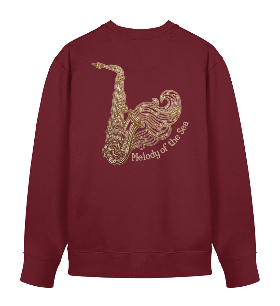 Dunkelroter Unisex Organic Sweater, Rückansicht, mit Saxophon und Wellen-Design Melody of the Sea von Di Giuliano (Burgundy-6883)