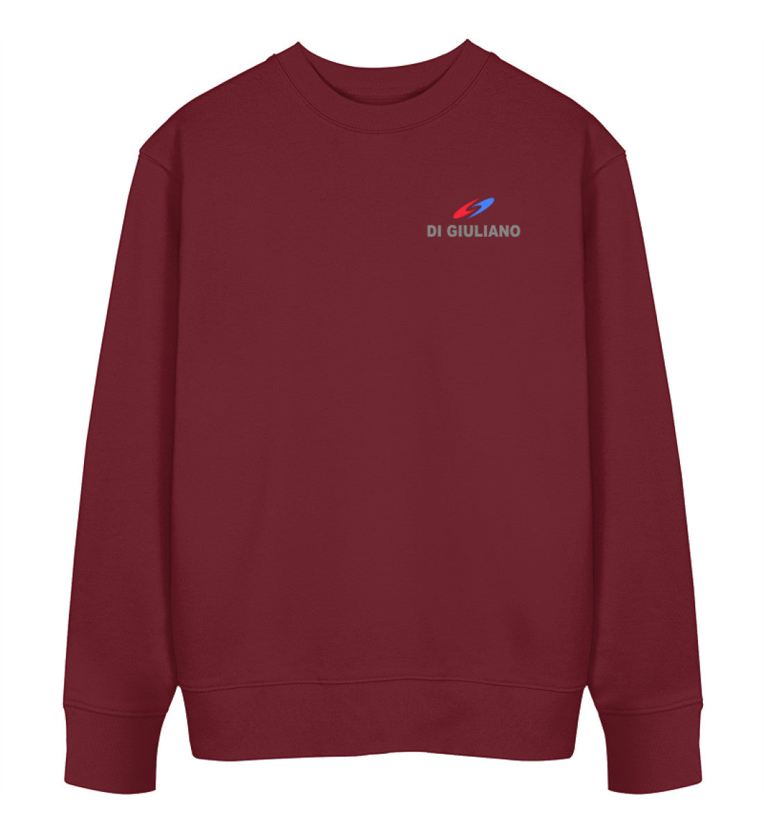 Dunkelroter Unisex Organic Sweater, Vorderansicht, mit Saxophon und Wellen-Design Melody of the Sea von Di Giuliano (Burgundy-6883)