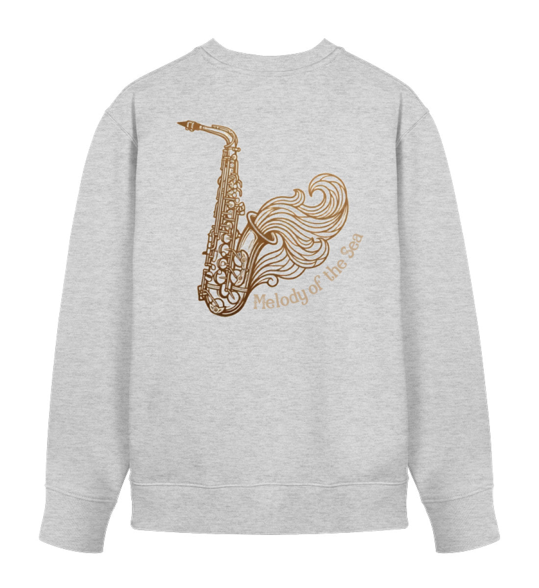 Grauer Unisex Organic Sweater, Rückansicht, mit Saxophon und Wellen-Design Melody of the Sea von Di Giuliano (Heather Grey-6892)