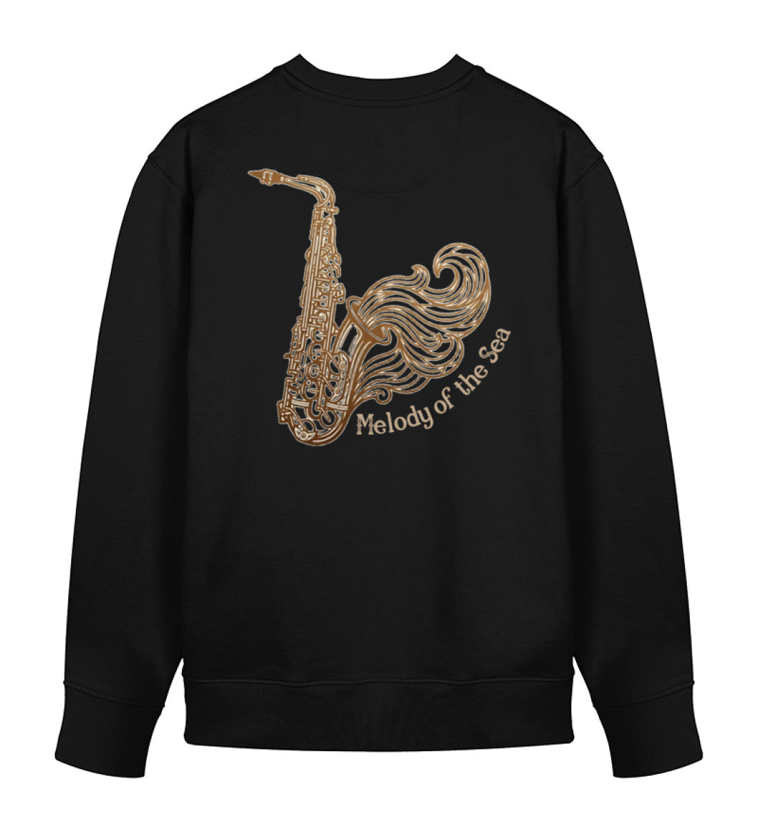 Schwarzer Unisex Organic Sweater, Rückansicht, mit Saxophon und Wellen-Design Melody of the Sea von Di Giuliano (Black-16)