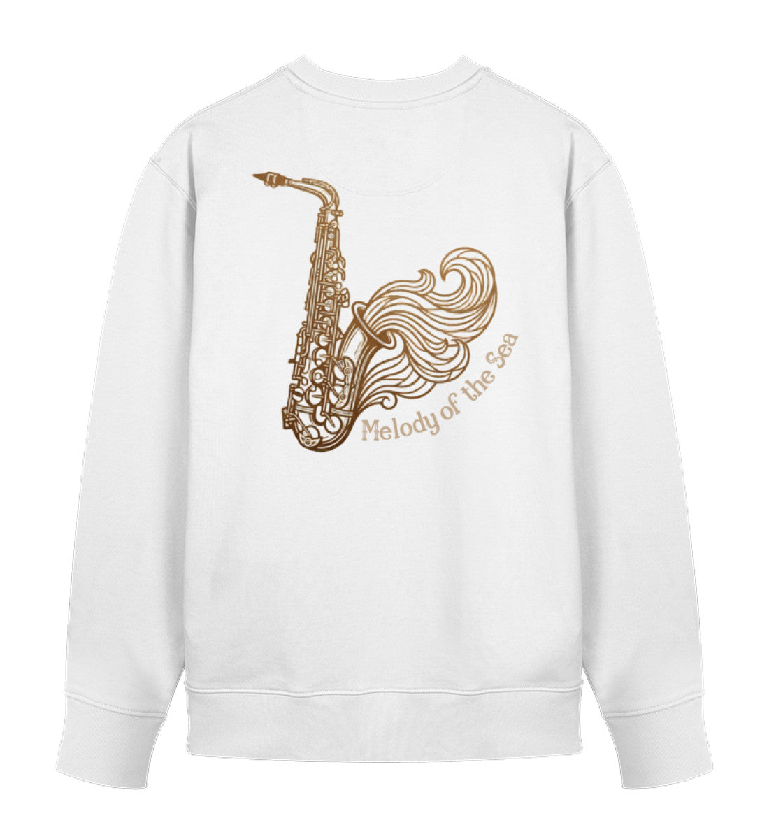 Weißer Unisex Organic Sweater, Rückansicht, mit Saxophon und Wellen-Design Melody of the Sea von Di Giuliano (White-3)