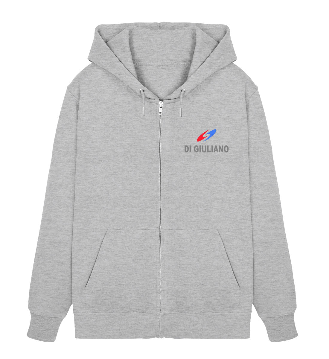 Unisex Zipper Hoodie Vorderseite im maritimen Stil – aus Bio-Baumwolle und recyceltem Polyester, nachhaltig produziert in Hellgrau (Heather Grey-17) mit Aufdruck von www.digiuliano.com 