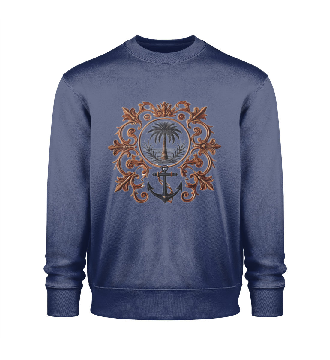 Maritimes Unisex Sweatshirt mit elegantem Anker- und Palmen-Design. Nachhaltig produziert aus 100% Bio-Baumwolle, weicher Stoff, luxuriöser Vintage-Look. Farbe: French Navy-6057