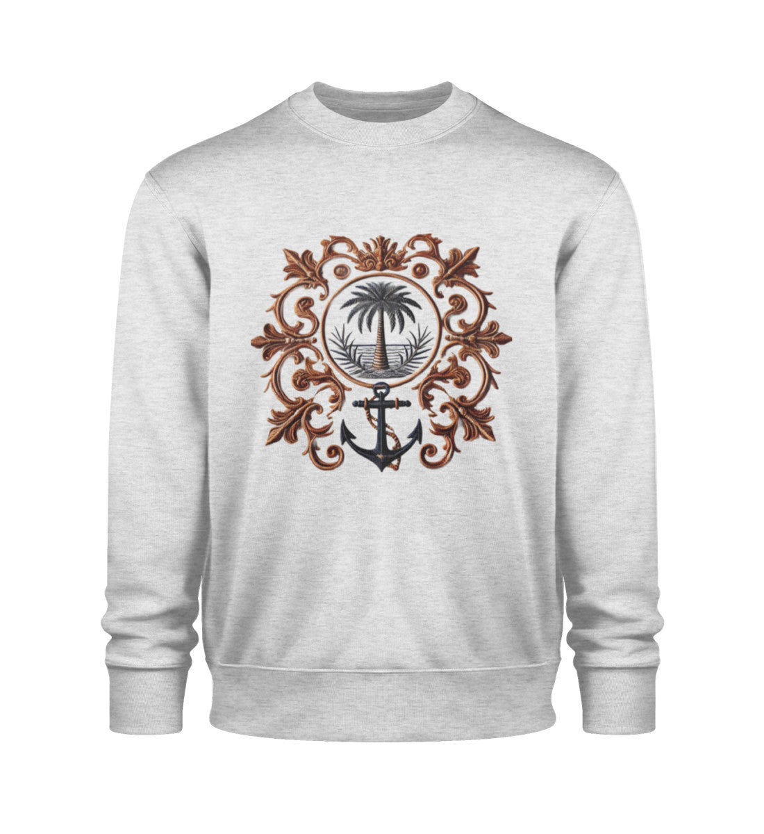 Maritimes Unisex Sweatshirt mit elegantem Anker- und Palmen-Design. Nachhaltig produziert aus 100% Bio-Baumwolle, weicher Stoff, luxuriöser Vintage-Look. Farbe: Heather Grey-6892