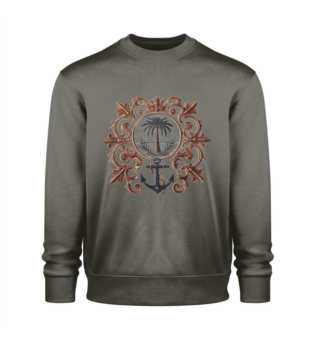 Maritimes Unisex Sweatshirt mit elegantem Anker- und Palmen-Design. Nachhaltig produziert aus 100% Bio-Baumwolle, weicher Stoff, luxuriöser Vintage-Look. Farbe: Khaki-7151