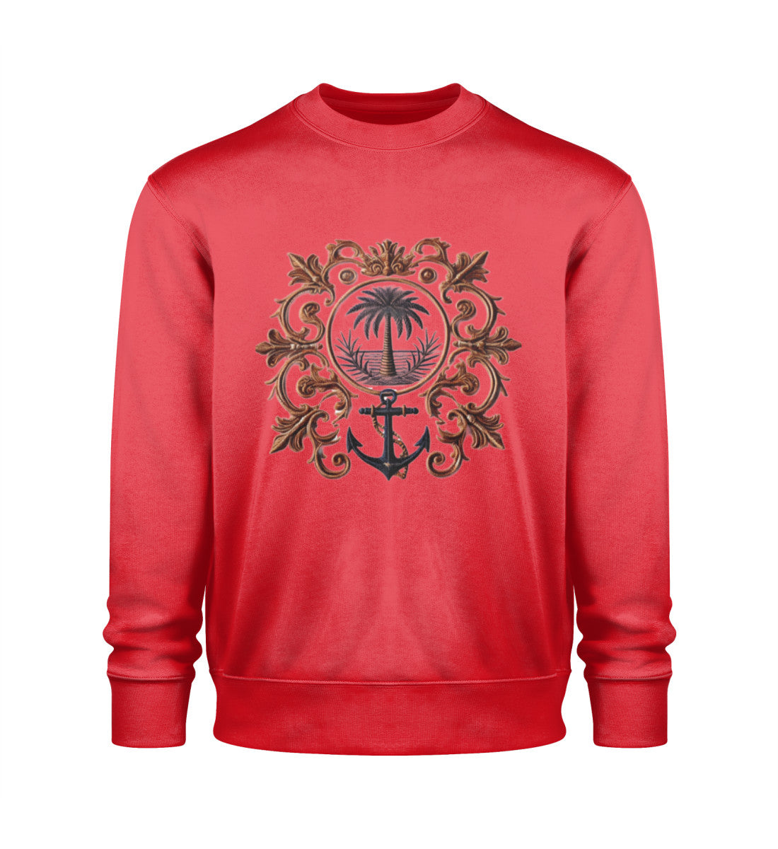 Maritimes Unisex Sweatshirt mit elegantem Anker- und Palmen-Design. Nachhaltig produziert aus 100% Bio-Baumwolle, weicher Stoff, luxuriöser Vintage-Look. Farbe: Red-6882