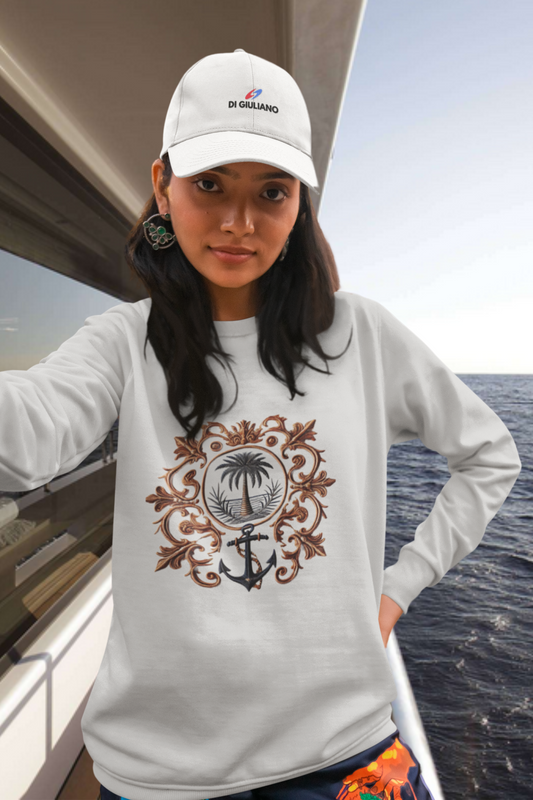 Maritimes Unisex Sweatshirt mit elegantem Anker- und Palmen-Design. Nachhaltig produziert aus 100% Bio-Baumwolle, weicher Stoff, luxuriöser Vintage-Look. Farbe: Heather Grey-6892