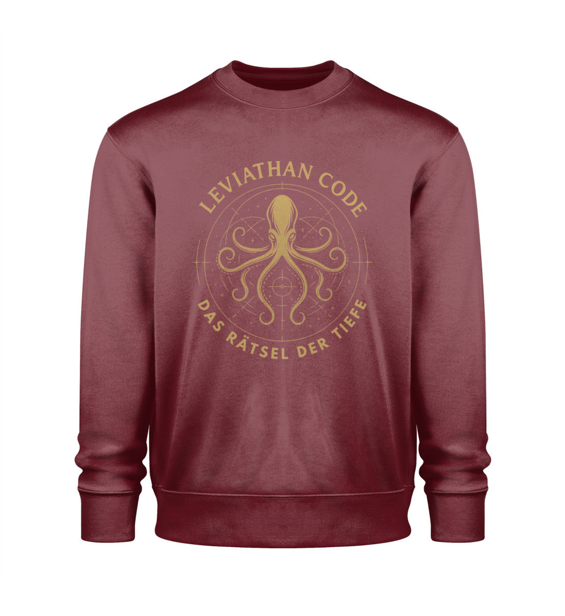 Leviathan Code Sweater mit maritimem Motiv in Gold auf Unisex Organic Pullover in Dunkelrot (Burgundy-6883) von www.digiuliano.com