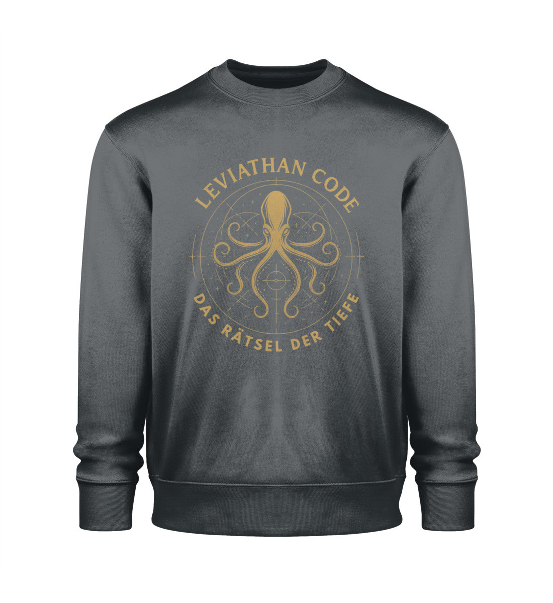 Leviathan Code Sweater mit maritimem Motiv in Gold auf Unisex Organic Pullover in Grau (India Ink Grey-7147) von www.digiuliano.com