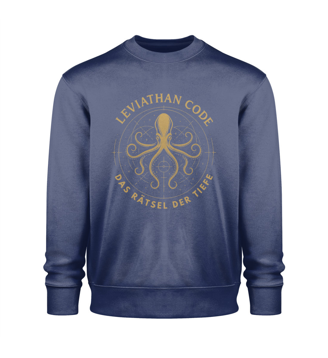 Leviathan Code Sweater mit maritimem Motiv in Gold auf Unisex Organic Pullover in Marine (French Navy-6057) von www.digiuliano.com