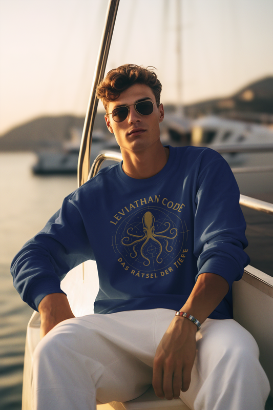Leviathan Code Sweater mit maritimem Motiv in Gold auf Unisex Organic Pullover in Marine (French Navy-6057) von www.digiuliano.com