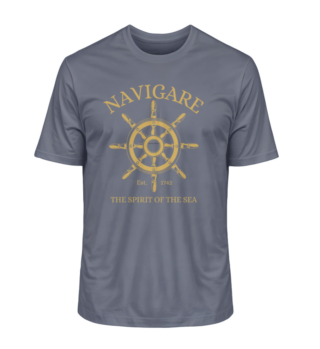 Elegantes Herren Bio T-Shirt mit goldenem Steuerrad-Print – NAVIGARE Design, nachhaltige Luxusmode, aus 100 % Bio-Baumwolle in Dunkelblau (Dark Heather Blue-7158) von www.digiuliano.com