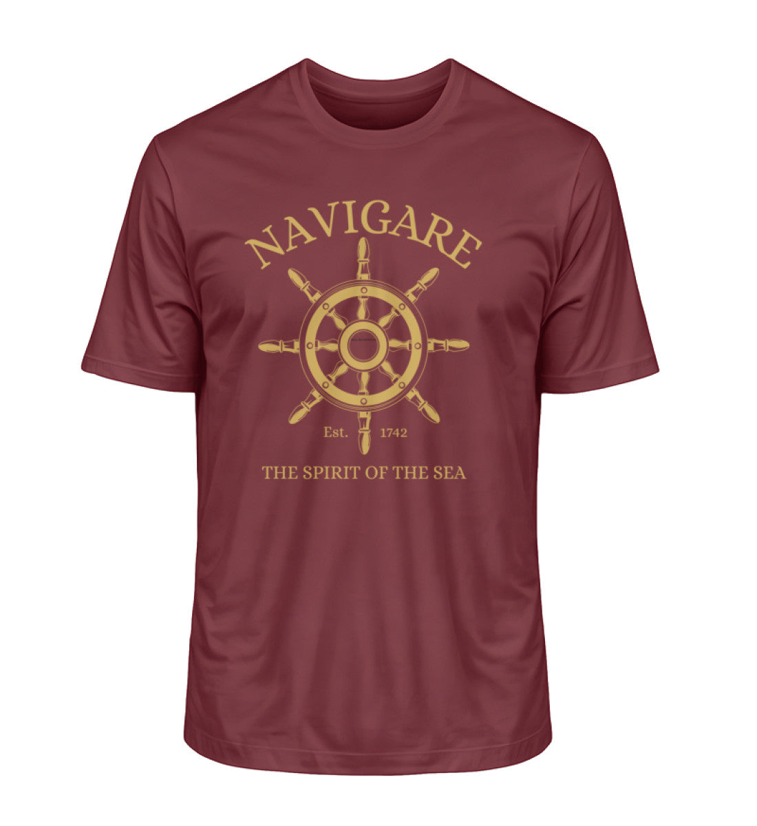 Elegantes Herren Bio T-Shirt mit goldenem Steuerrad-Print – NAVIGARE Design, nachhaltige Luxusmode, aus 100 % Bio-Baumwolle in Dunkelrot (Burgundy-6883) von www.digiuliano.com