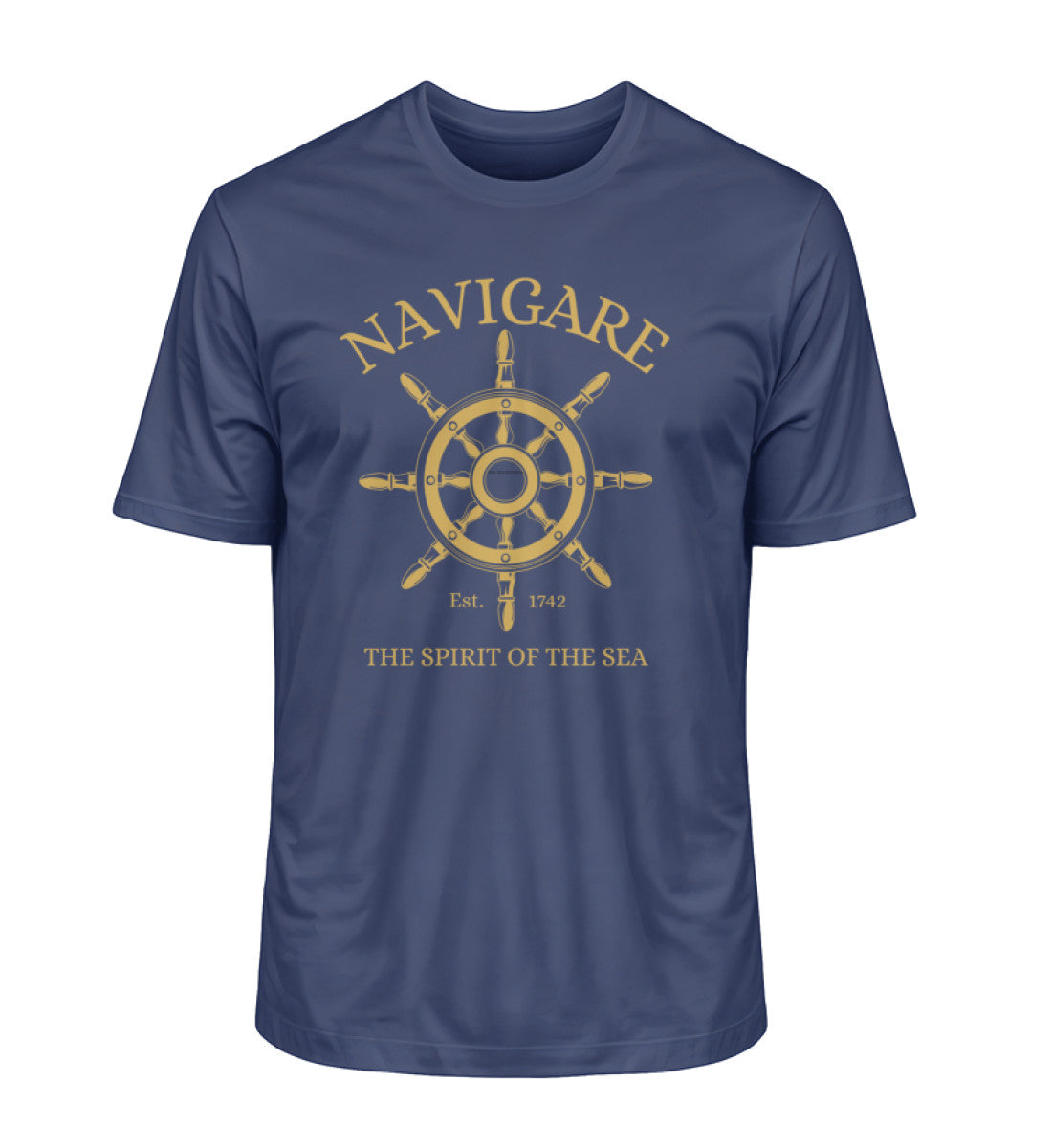 Elegantes Herren Bio T-Shirt in Marineblau mit goldenem Steuerrad-Print – NAVIGARE Design, nachhaltige Luxusmode, aus 100 % Bio-Baumwolle in Marine (French Navy-6057) von www.digiuliano.com