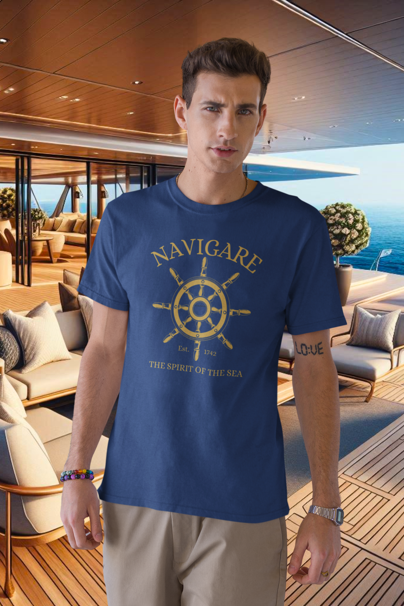 Elegantes Herren Bio T-Shirt in Marineblau mit goldenem Steuerrad-Print – NAVIGARE Design, nachhaltige Luxusmode, aus 100 % Bio-Baumwolle in Marine (French Navy-6057) von www.digiuliano.com
