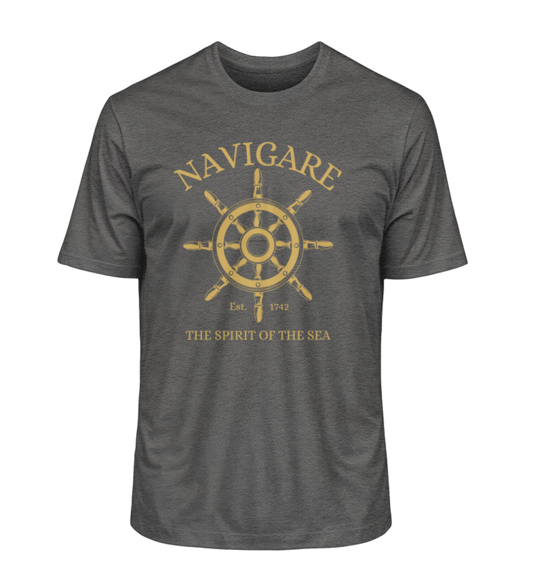 Elegantes Herren Bio T-Shirt mit goldenem Steuerrad-Print – NAVIGARE Design, nachhaltige Luxusmode, aus 100 % Bio-Baumwolle in Mittelgrau (Dark Heather Grey-6898) von www.digiuliano.com