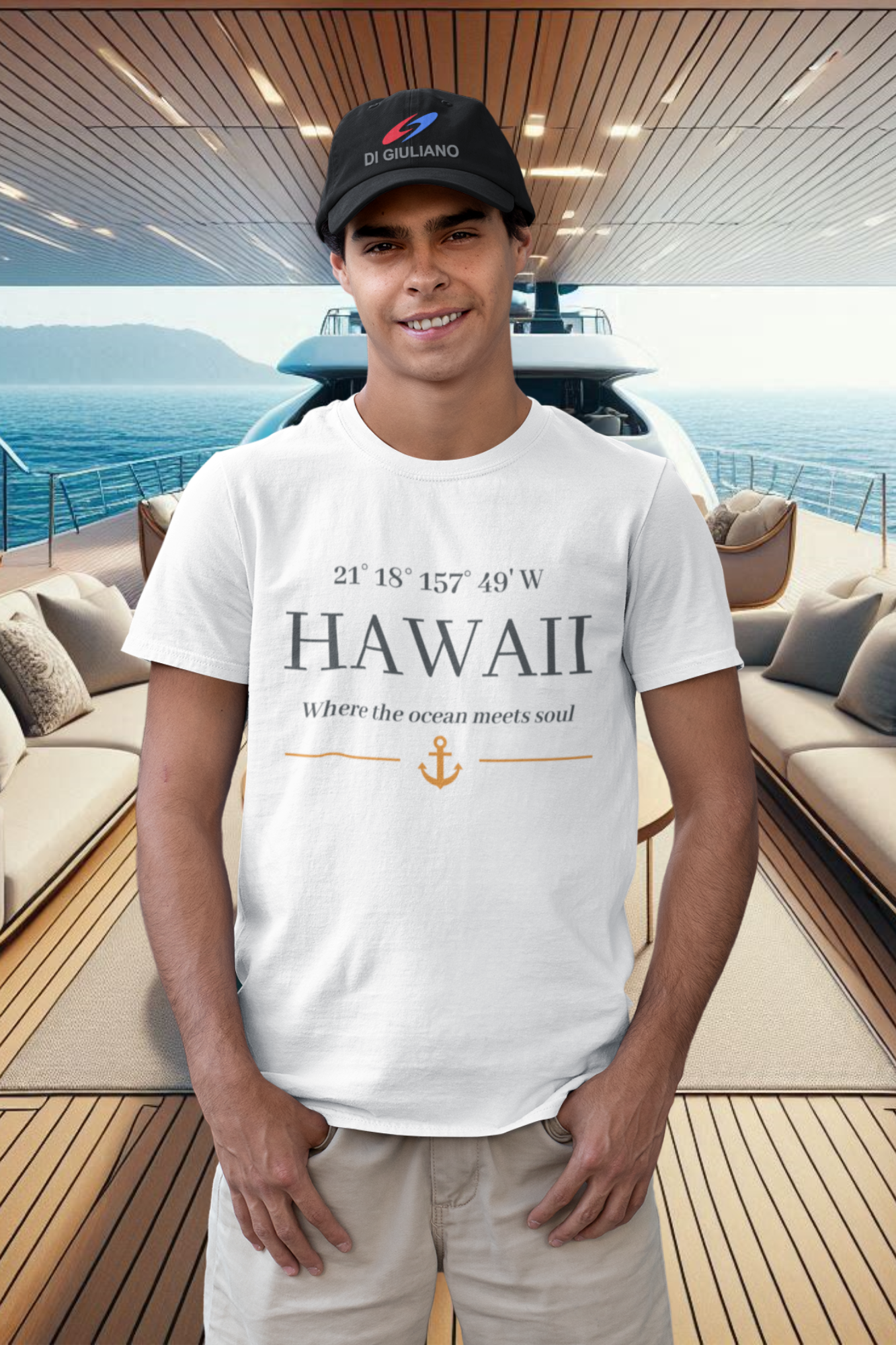 Oversized Shirt Navy mit HAWAII-Print & Koordinaten – maritimer, nachhaltiger Look für Herren von www.digiuliano.com