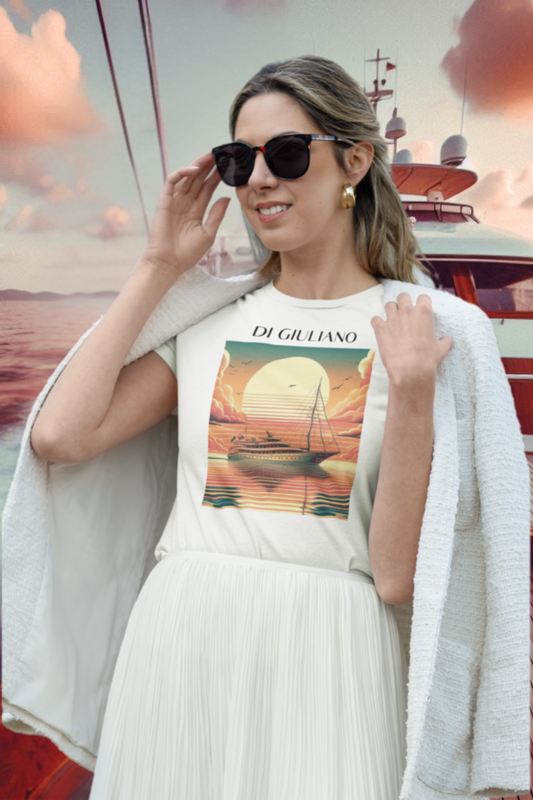 Oversize T-Shirt aus Bio-Baumwolle für Damen – Maritimes Design mit Schiff und Sonnenuntergang-White-3