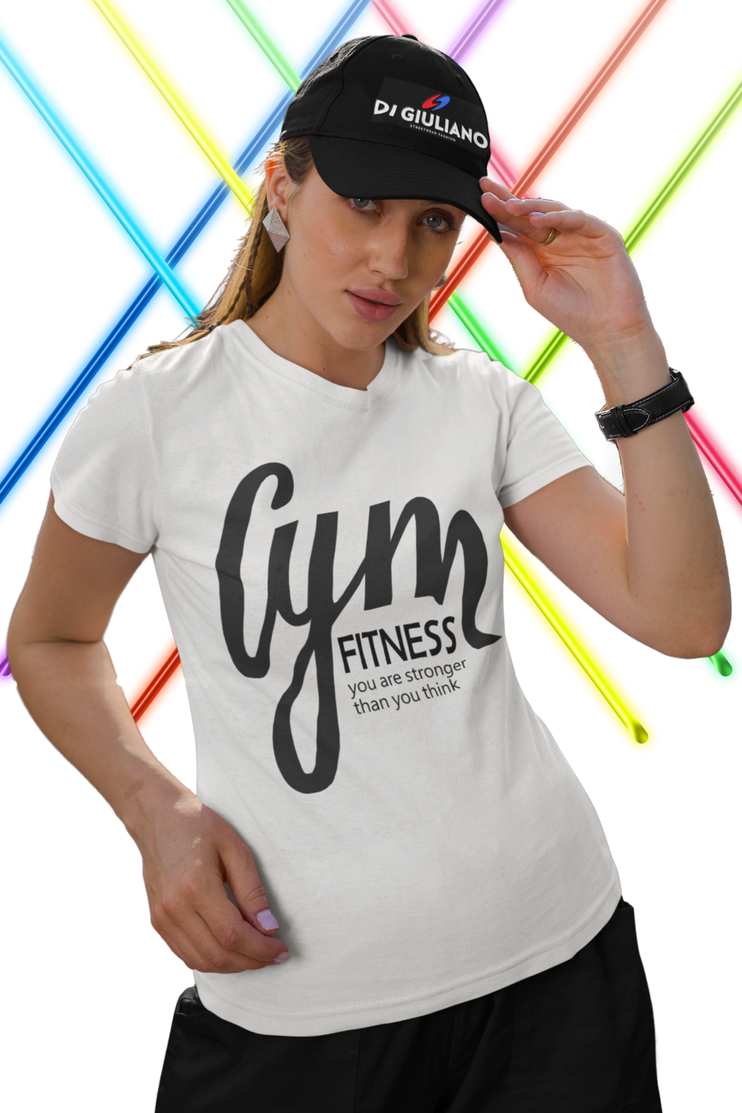Damen Premium Organic T-Shirt mit GYM Fitness-Aufdruck "Stronger Than You Think" aus 100% Bio-Baumwolle, nachhaltig und komfortabel in White-3 von www.digiuliano.com