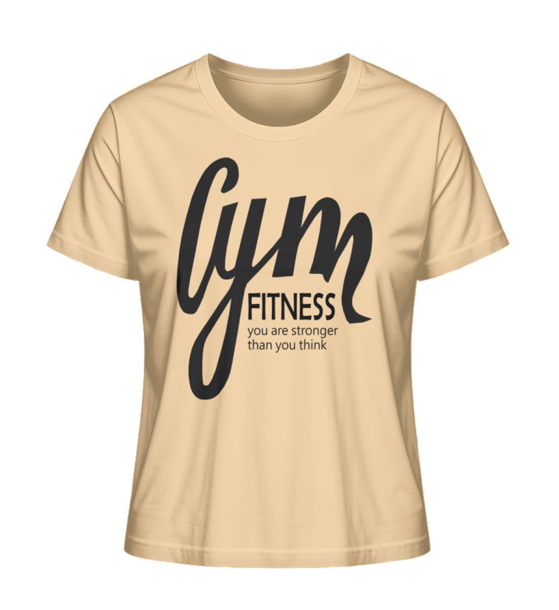 Damen Premium Organic T-Shirt mit GYM Fitness-Aufdruck "Stronger Than You Think" aus 100% Bio-Baumwolle, nachhaltig und komfortabel in Gelb (Nispero-7315) von www.digiuliano.com