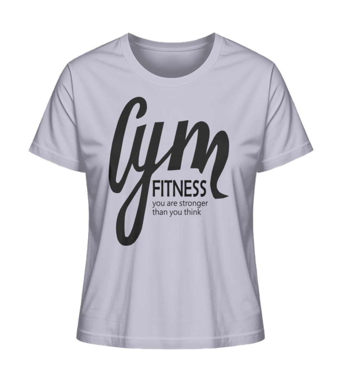 Damen Premium Organic T-Shirt mit GYM Fitness-Aufdruck "Stronger Than You Think" aus 100% Bio-Baumwolle, nachhaltig und komfortabel in Lavendel (Lavender-7307) von www.digiuliano.com