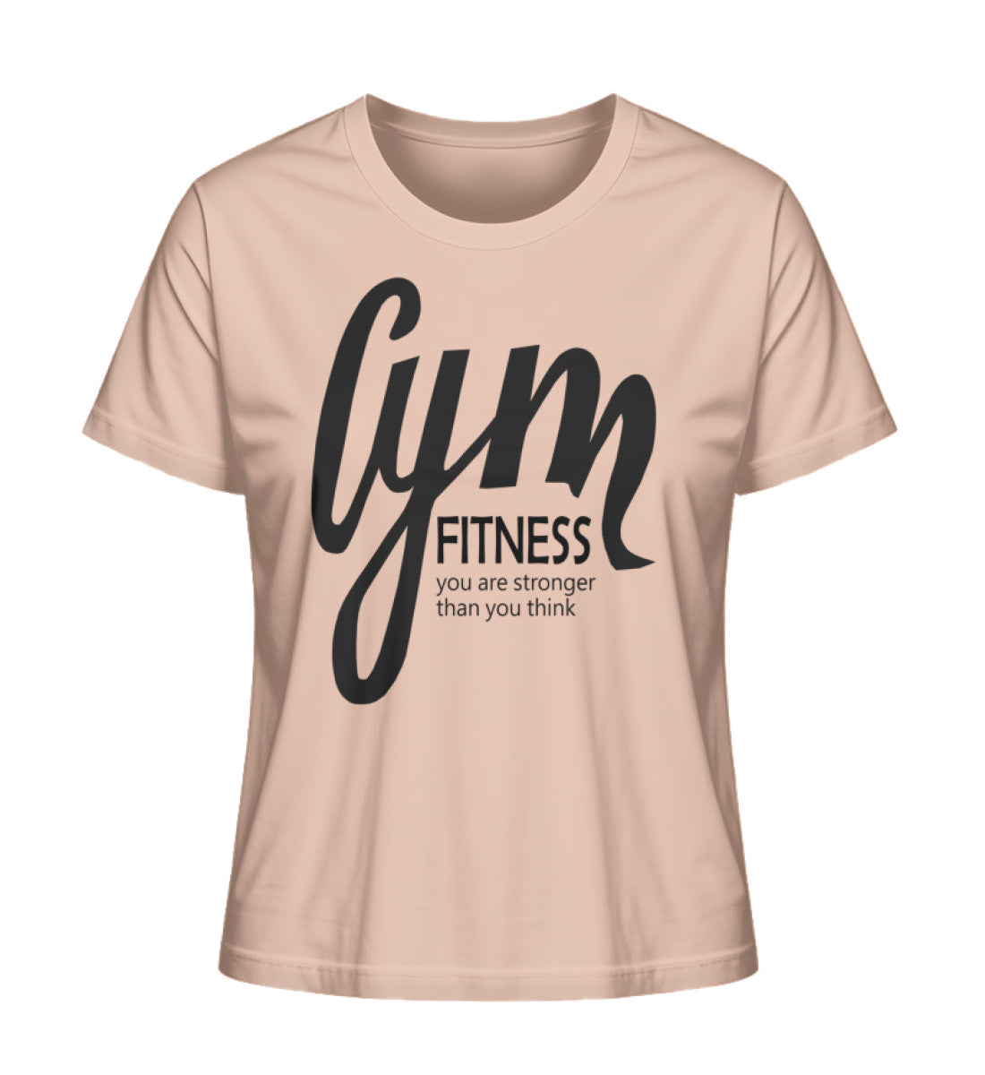 Damen Premium Organic T-Shirt mit GYM Fitness-Aufdruck "Stronger Than You Think" aus 100% Bio-Baumwolle, nachhaltig und komfortabel in Pfirsich (Fraiche Peche-7305) von www.digiuliano.com 