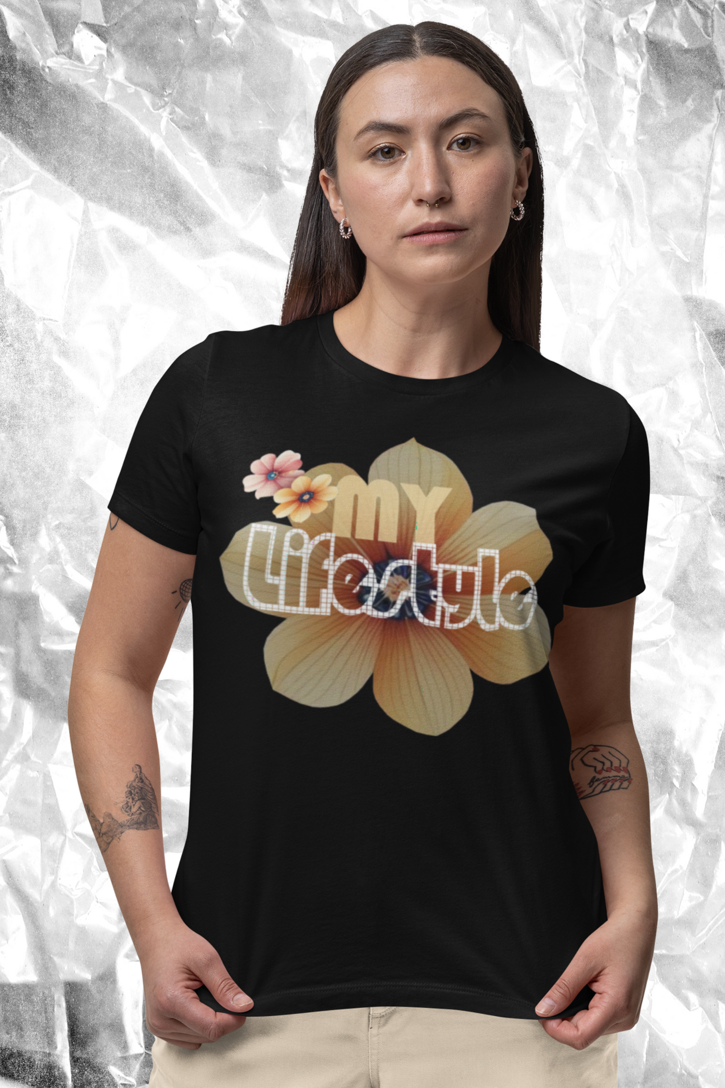 Premium Bio-Baumwolle T-Shirt Damen, nachhaltig, feminine Passform in Black-16 mit MY LIFESTYLE Aufdruck von www.digiuliano.com