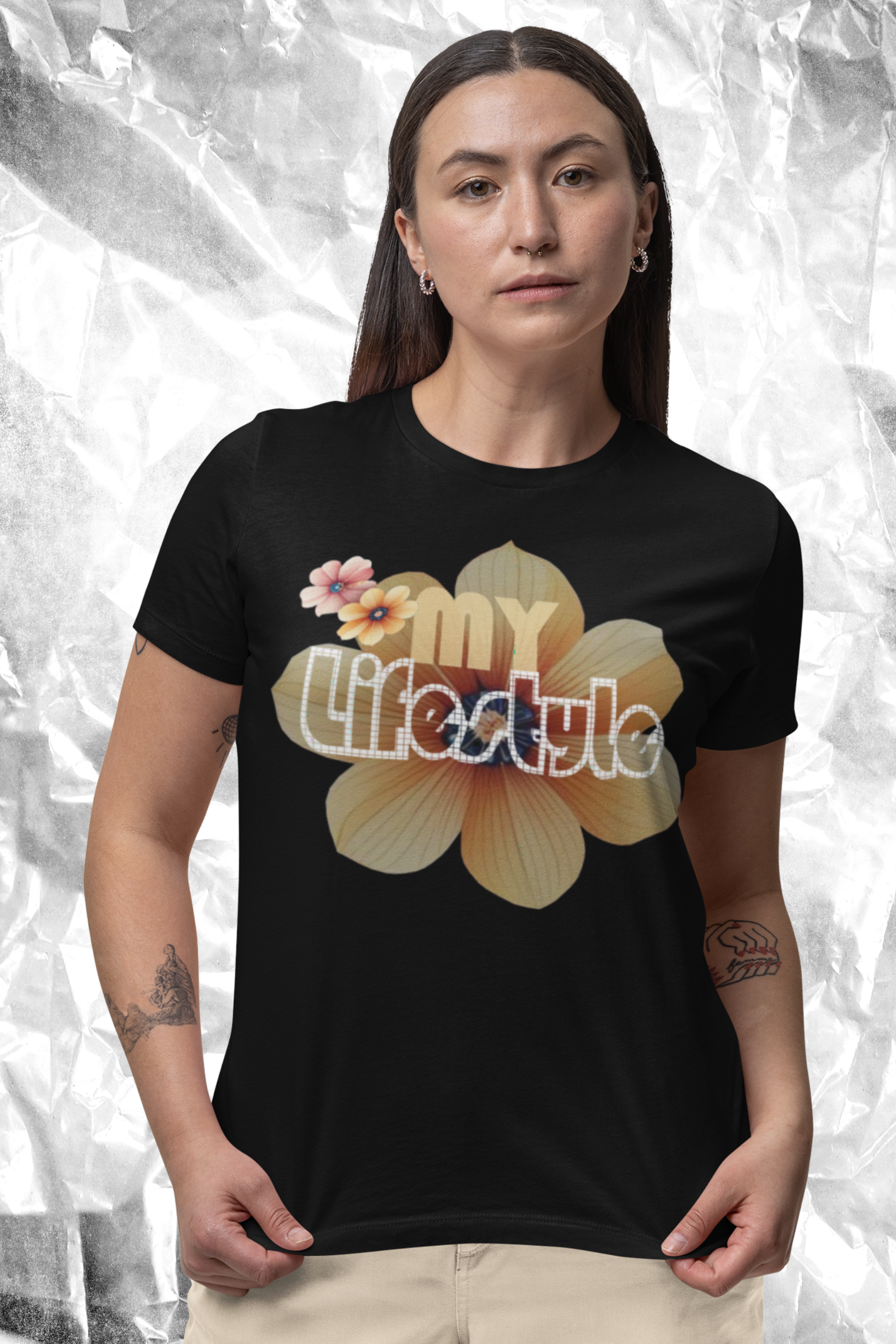 Premium Bio-Baumwolle T-Shirt Damen, nachhaltig, feminine Passform in Black-16 mit MY LIFESTYLE Aufdruck von www.digiuliano.com