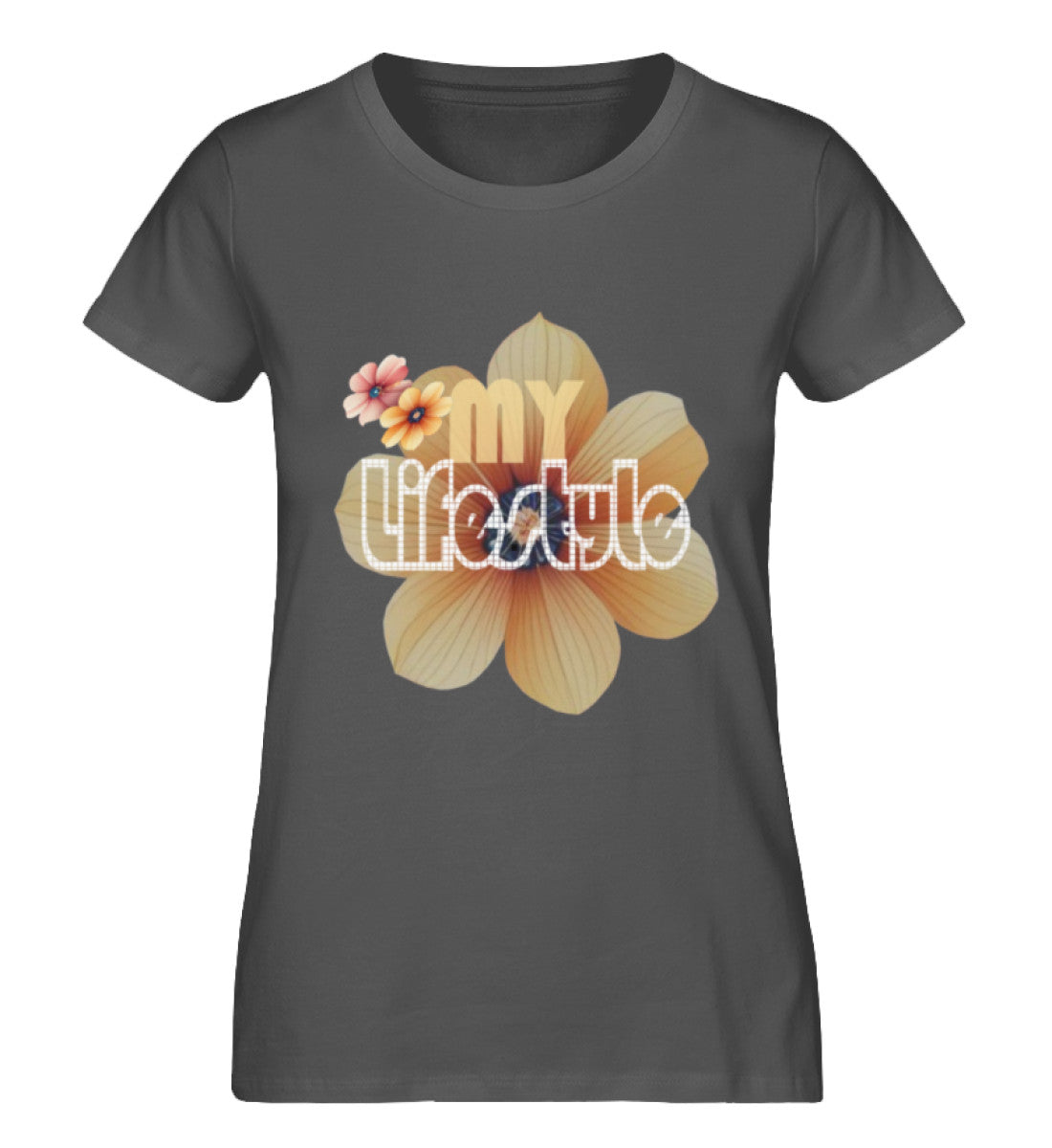 Premium Bio-Baumwolle T-Shirt Damen, nachhaltig, feminine Passform in Anthracite-6896 mit MY LIFESTYLE Aufdruck von www.digiuliano.com