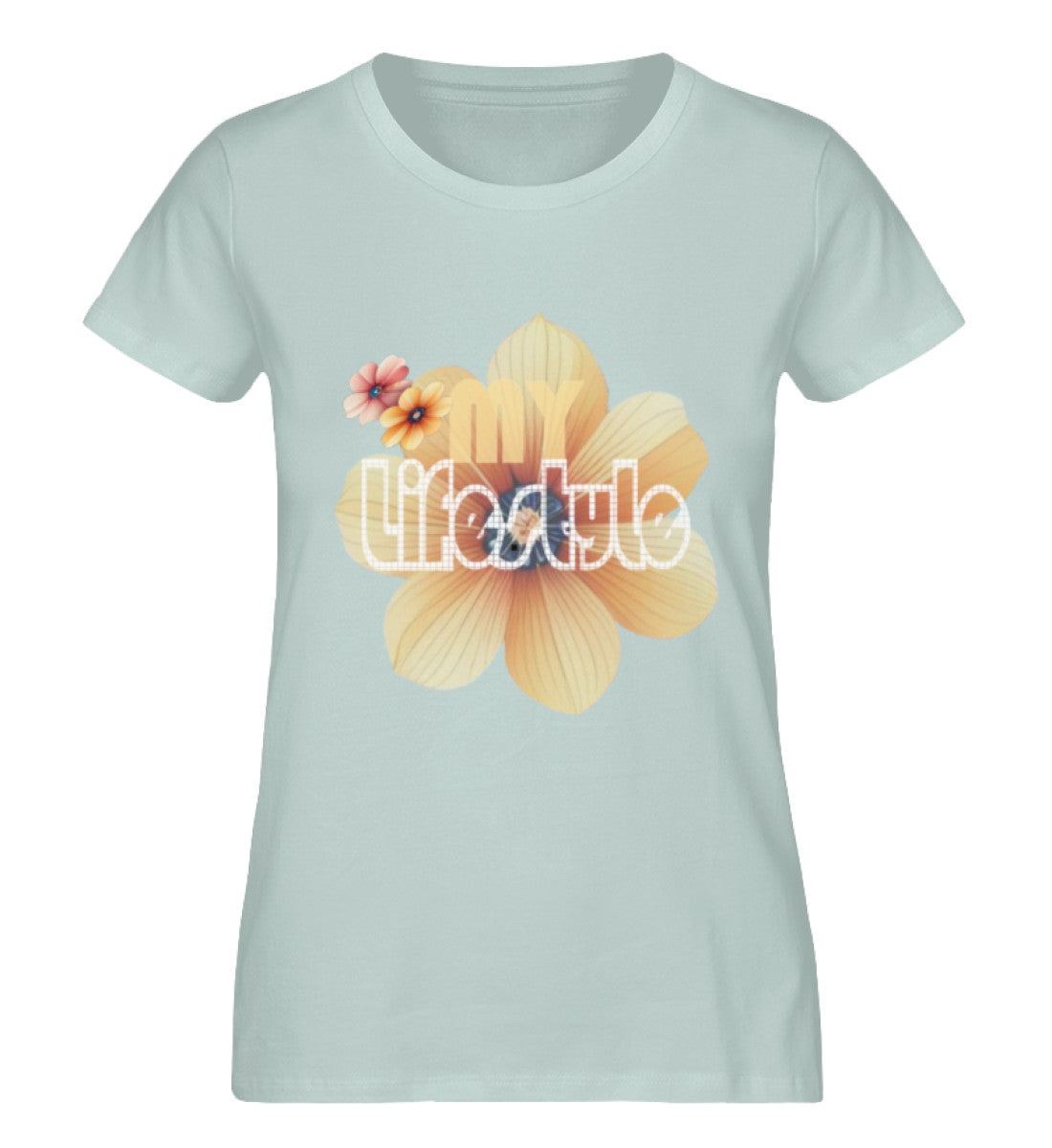 Premium Bio-Baumwolle T-Shirt Damen, nachhaltig, feminine Passform in Caribbean Blue-7113 mit MY LIFESTYLE Aufdruck von www.digiuliano.com