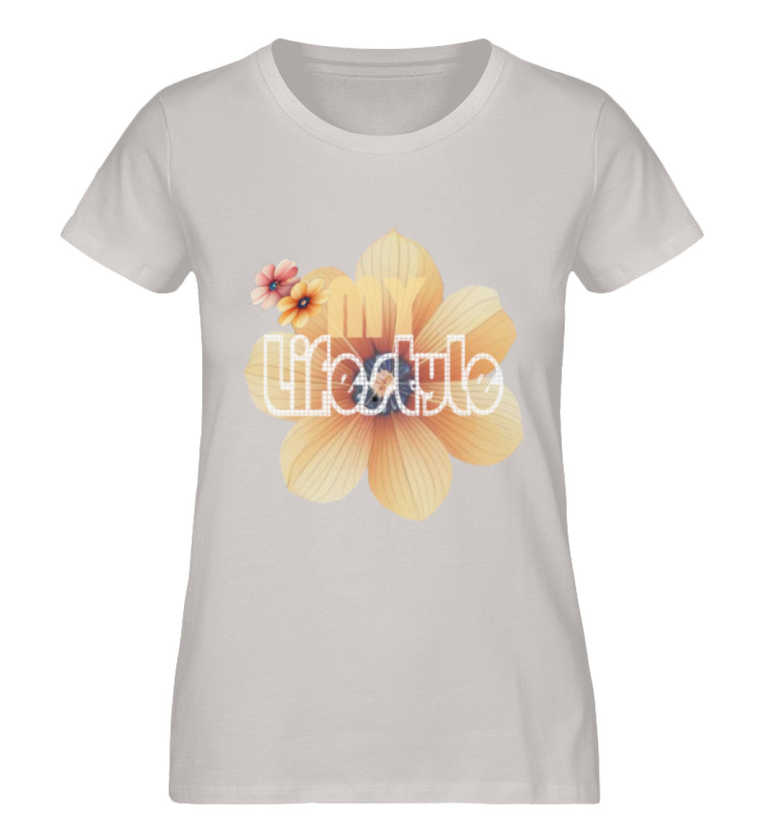 Premium Bio-Baumwolle T-Shirt Damen, nachhaltig, feminine Passform in Cream Heather Grey-7163 mit MY LIFESTYLE Aufdruck von www.digiuliano.com