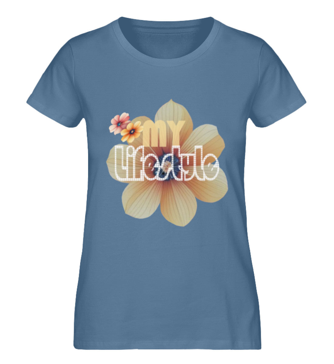 Premium Bio-Baumwolle T-Shirt Damen, nachhaltig, feminine Passform in Mid Heather Blue-6897 mit MY LIFESTYLE Aufdruck von www.digiuliano.com