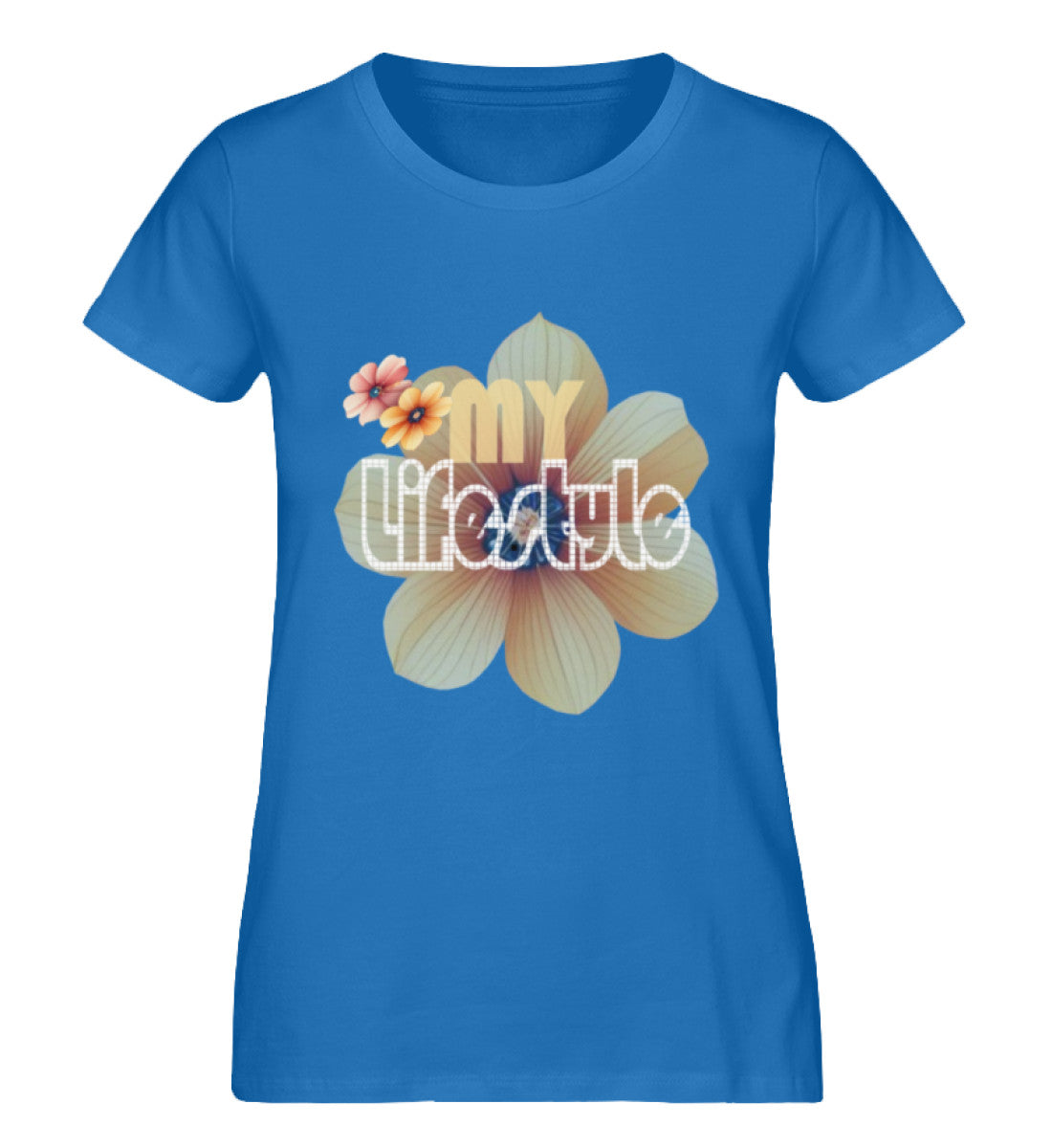 Premium Bio-Baumwolle T-Shirt Damen, nachhaltig, feminine Passform in Blue-6886 mit MY LIFESTYLE Aufdruck von www.digiuliano.com