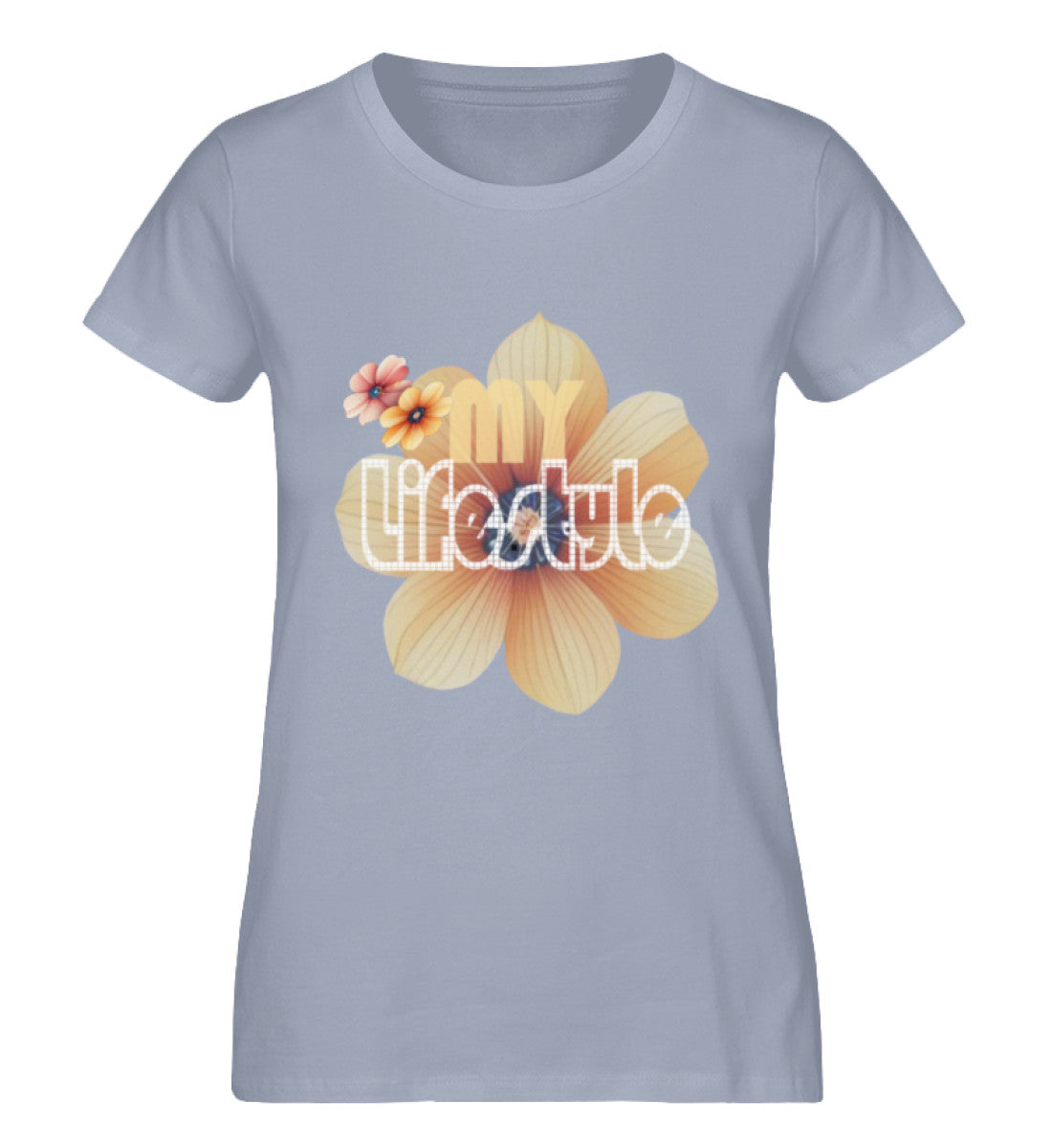 Premium Bio-Baumwolle T-Shirt Damen, nachhaltig, feminine Passform in Serene Blue-7164 mit MY LIFESTYLE Aufdruck von www.digiuliano.com