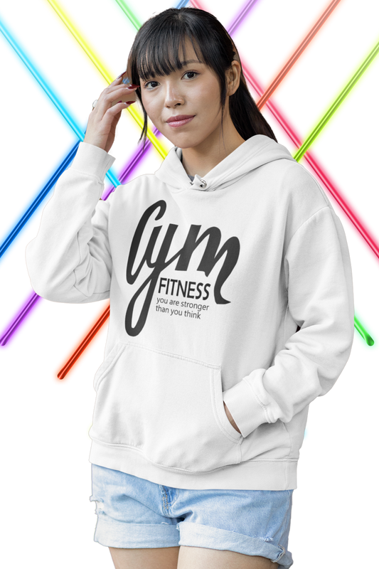 Unisex Organic Hoodie Damen mit GYM Fitness-Aufdruck "You are stronger than you think" aus 100% Bio-Baumwolle, nachhaltig und bequem in Weiß-3 von www.digiuliano.com