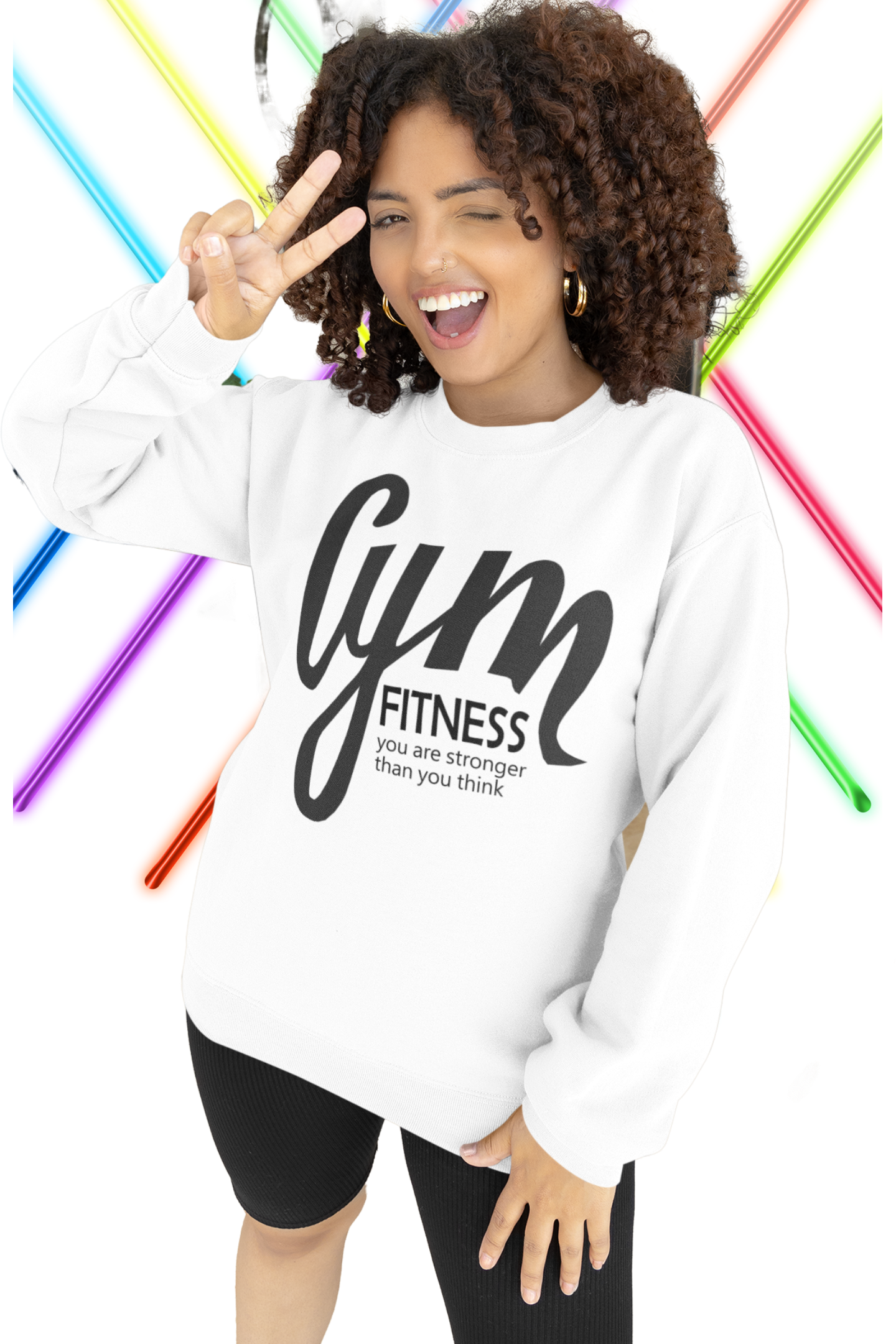 Unisex Organic Sweatshirt Damen mit GYM Fitness-Aufdruck "You are stronger than you think" aus 100% Bio-Baumwolle, nachhaltig und bequem in Weiß-3 mit GYM FITNESS Aufdruck