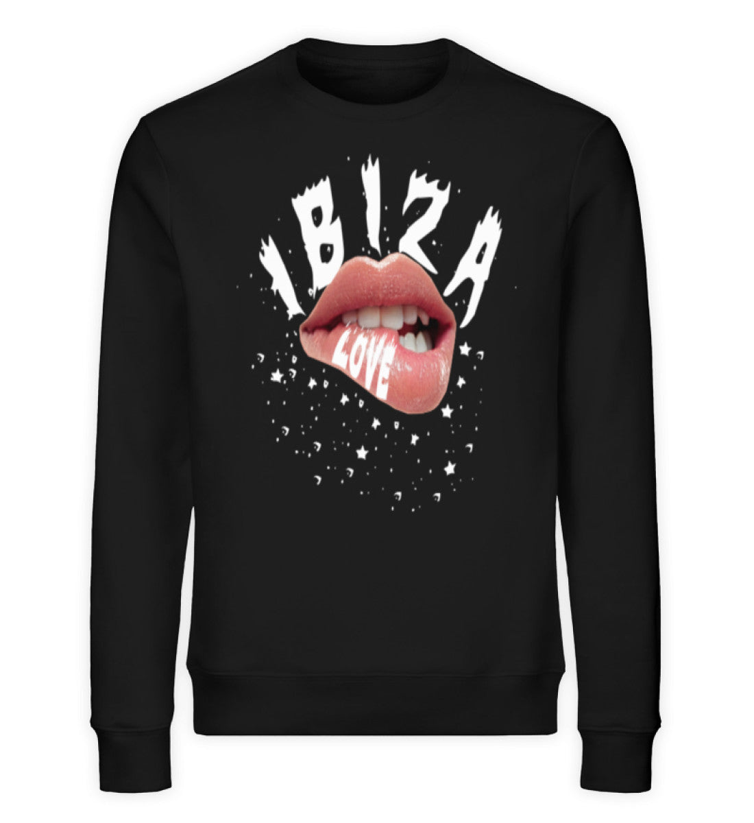 Nachhaltiges Unisex Sweatshirt aus Bio-Baumwolle mit IBIZA LOVE-Print, weicher Stoff, moderner Schnitt, ideal für Damen und Herren in Schwarz (Black-16) von www.digiuliano.com