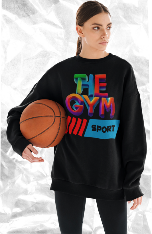 Nachhaltiges Unisex Premium Organic Sweatshirt aus 100% Bio-Baumwolle, Oversized-Schnitt, Rundhalsausschnitt und modernem Design für Damen in Black-16 mit THE-GYM-SPORT Aufdruck von www.digiuliano.com