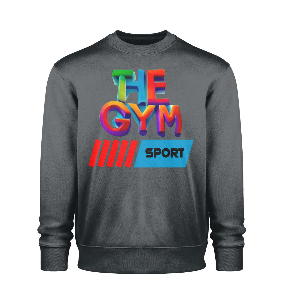 Nachhaltiges Unisex Premium Organic Sweatshirt aus 100% Bio-Baumwolle, Oversized-Schnitt, Rundhalsausschnitt und modernem Design für Damen in Dunkelgrau (India Ink Grey-7147) mit THE-GYM-SPORT Aufdruck von www.digiuliano.com