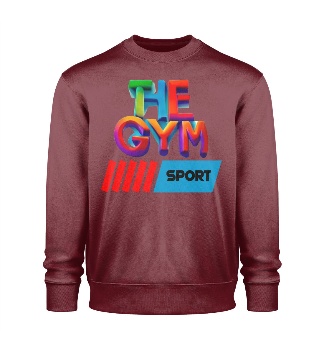 Nachhaltiges Unisex Premium Organic Sweatshirt aus 100% Bio-Baumwolle, Oversized-Schnitt, Rundhalsausschnitt und modernem Design für Damen in Dunkelrot (Burgundy-6883) mit THE-GYM-SPORT Aufdruck von www.digiuliano.com